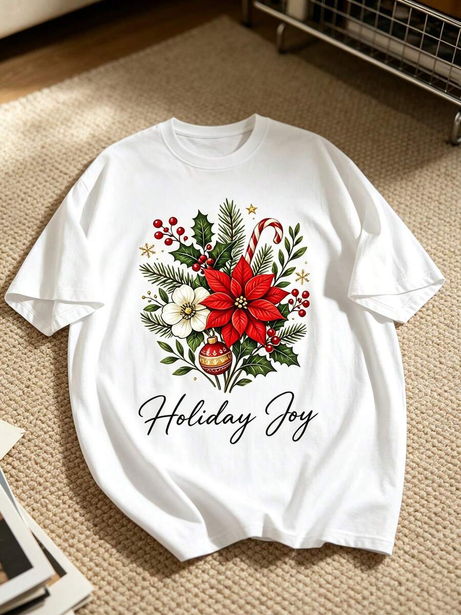 Damen-T-Shirt mit Rundhalsausschnitt aus 100 % Baumwolle, Weihnachtsbuket-Print "Holiday Joy", lässiges Oberteil für festliche Looks - Weiss - Übersicht 1