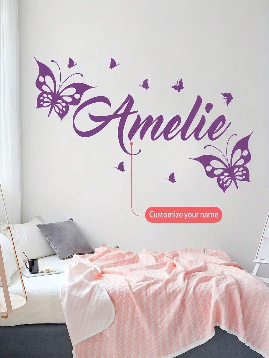 Custom Designed Classic Butterfly & English Letter Wall Decals, Suitable For Bedroom, Living Room, Study And Dining Room Decoration, Self-Adhesive Removable PVC Wall Stickers - Multicolor - View 1