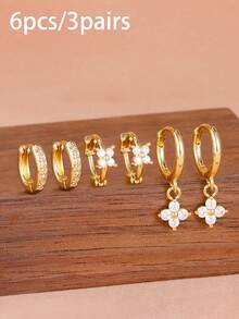 6PCS Four-Petal Zirconia Flower Earring Set, Women's Style, 18K Gold Plated Hypoallergenic Ear Cartilage Hoop Earrings Studs Piercing Jewelry, Suitable For Daily Wear - Gold-25 - View 3