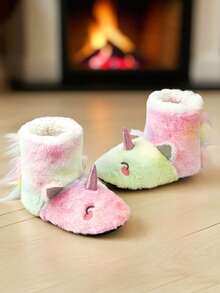 HAHABOBO Girls Tie-Dye Gradient Unicorn Design Plush High-Top House Slippers, Indoor Autumn/Winter Children's Plush Slippers - Pink - View 1