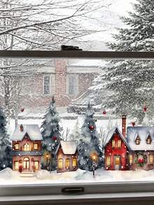 Comfortable Winter Watercolor Country Window Stickers, Snowy House Pine ...