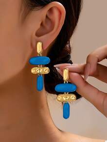 1 Pair Exaggerated Asymmetrical Geometric Oil Enamel Drop Earrings - Blue - View 6