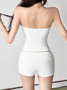 Top Dazzle Chic White Strapless Top With Decorative Buttons And Open Back Design, Knit Fabric, Creating A Fashionable Summer Look - White - View 7