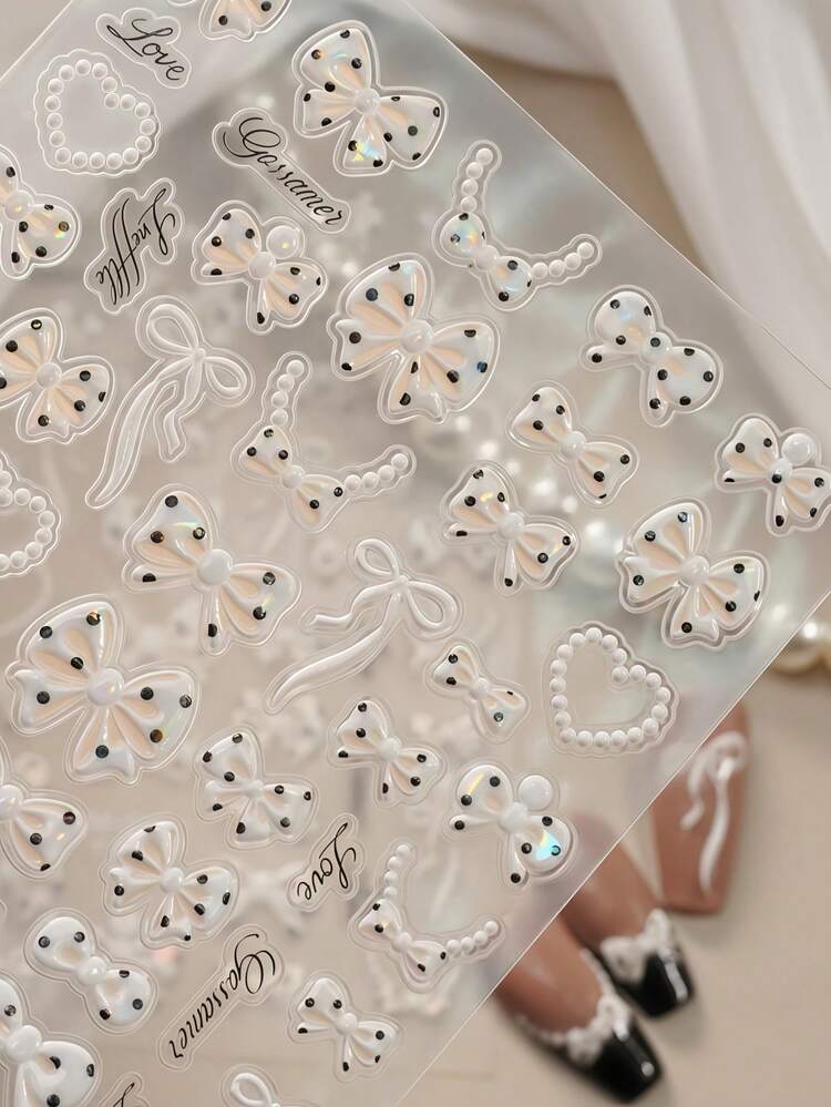 1片 5D 經典優雅蝴蝶結美甲貼紙，可愛黑白絲帶蝴蝶結美甲貼花，自黏式滑動美甲裝飾 DIY 貼紙 - 白色 - 查看 3