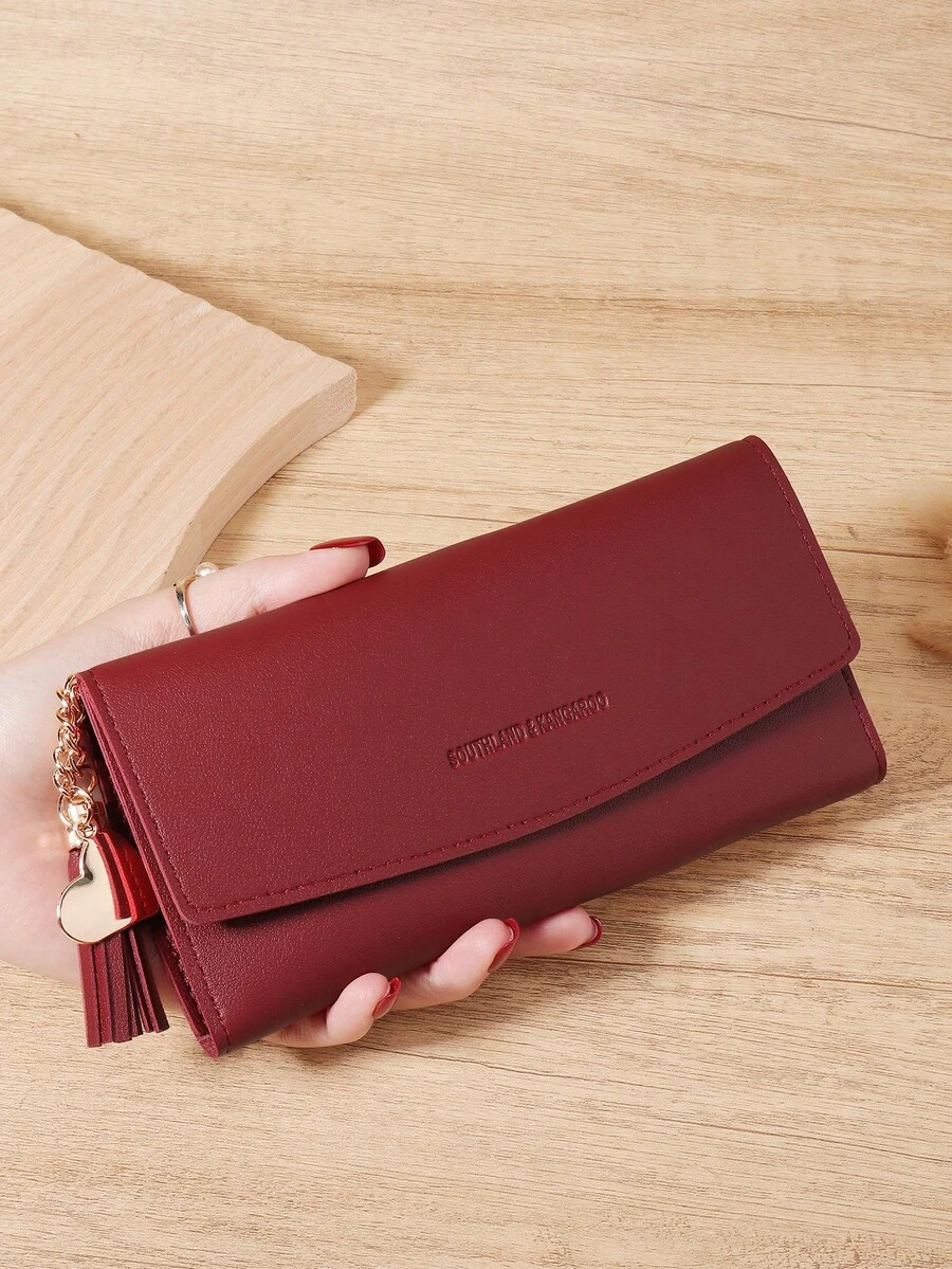 Fashionable Women's Long Wallet, Three Fold Multi Slot Heart-Shaped And Tassel Decorated Multifunctional Wallet, Suitable For Outdoor Travel - Burgundy - View 1