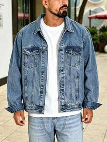 Men's Denim Jacket, Featuring A Red Lipstick Bullet Motif, White Ink Direct-To-Fabric Printing, And A Vintage Distressed Wash Finish - Light Denim Blue - View 3