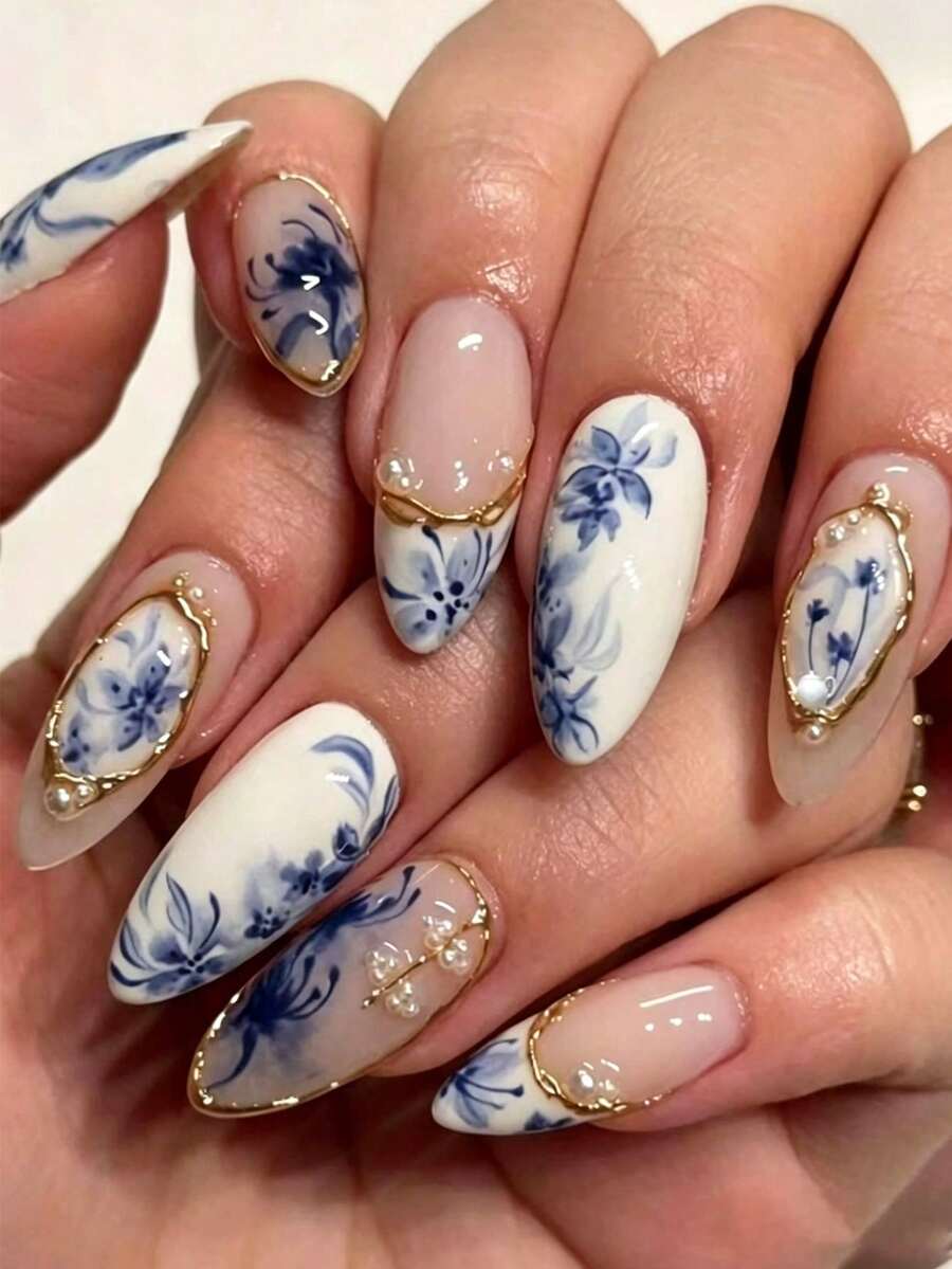 24pcs/Set Medium-Long Almond Shape 3D Blue Floral Asymmetrical Line Rhinestone Pearl Sweet & Cool Full Coverage Press-On Nails Fake Nails Manicure Supplies