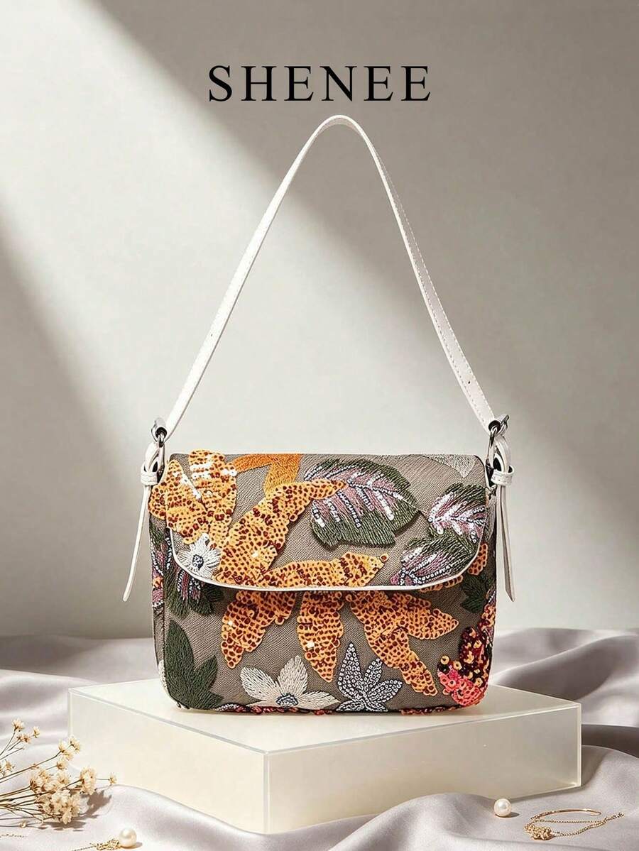 Túi đeo vai lật phong cách nghỉ dưỡng cao cấp vân nổi, thiết kế trang trí hoa thêu đính sequin, túi kẹp nách nữ thời trang thanh lịch tinh tế - Nhiều màu - Xem 1