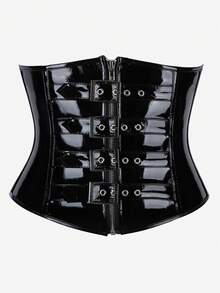 Black Patent Leather Waist Cincher Corset Belt With 4 Metal Buckles And Zipper, Underbust Waist Shaping Belt, Gothic Punk Style For Halloween Carnival Party - Black - View 1