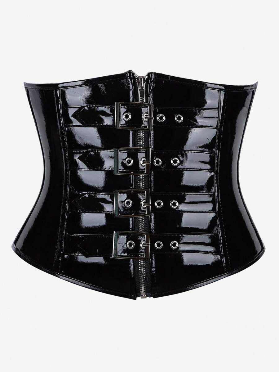 Black Patent Leather Waist Cincher Corset Belt With 4 Metal Buckles And Zipper, Underbust Waist Shaping Belt, Gothic Punk Style For Halloween Carnival Party - Black - View 1