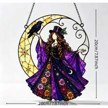 1pc Acrylic Sun Catcher Hanging Decor, Witch, Raven And Crescent Moon Design, Vibrant Mysterious Window Ornament, Gothic Nature Inspired Art - A - View 3
