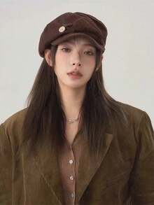 Women's Corduroy Newsboy Cap, Vintage Buckle Decor, Painter Beret, Japanese Y2K Style, Beach Travel - Multicolor - View 2