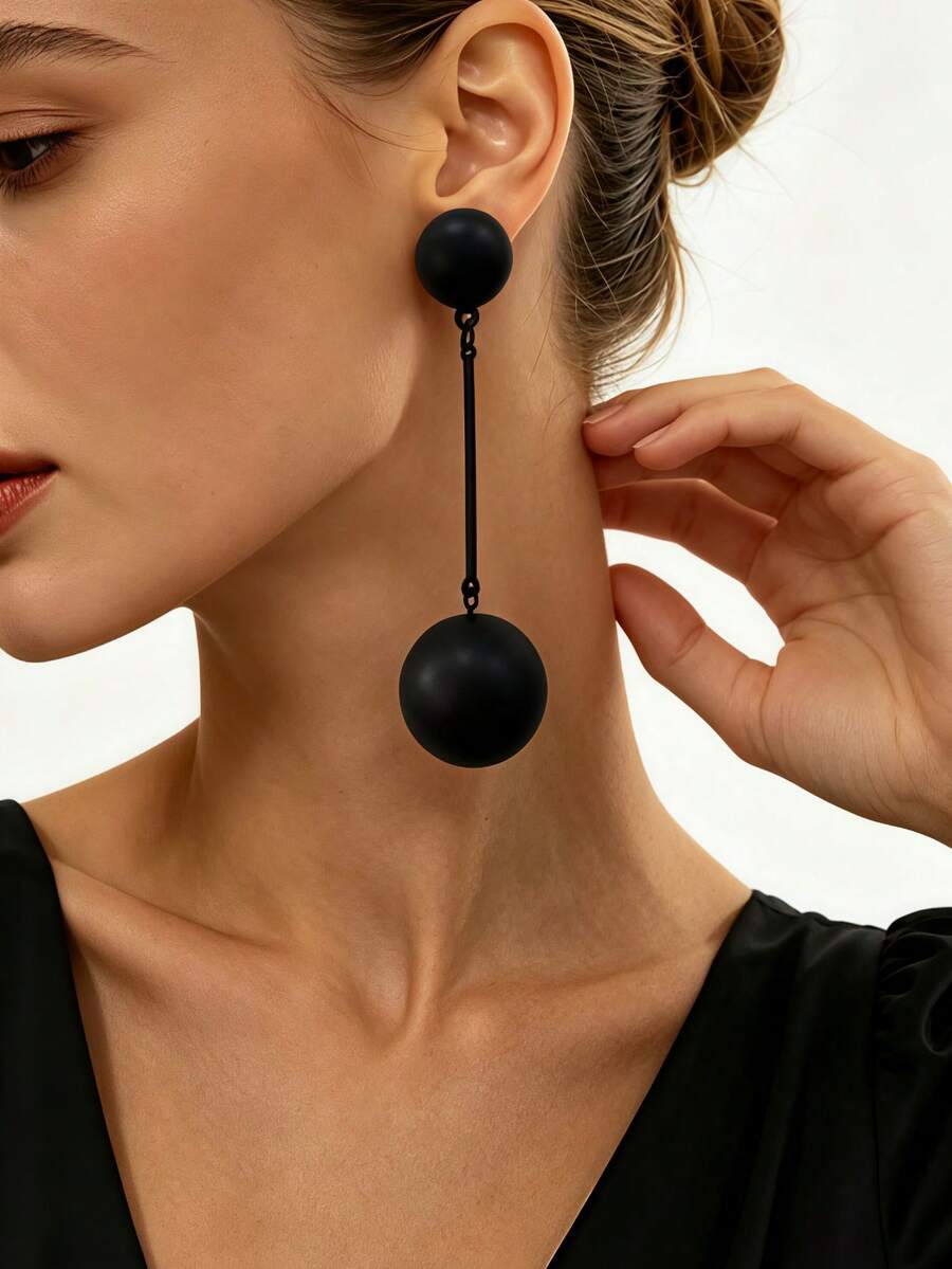 1 Pair Women's Vintage European & American Style Black Dual-Size Solid Metal Ball Thin Straight Bar Long Dangle Earrings, Glossy Double-Layer Large & Small Metal Bead Vertical Line Drop Earrings, Suitable For Party, Vacation, Banquet Wear - Black - View 1