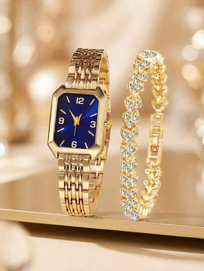 2PCS Fashion Women's Watch Bracelet Set, Luxury Minimalist Elegant Square Dial Blue Bar Markers Quartz Watch, Suitable For Daily Wear, Decoration, Party, Holiday, And Various Festivals, Perfect Holiday Gift For Family And Friends, Gift For Girlfriend, Valentine's Day, Christmas