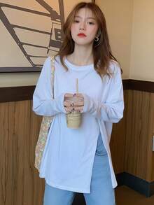 Women's White All-Match Round Neck Solid Color Loose Drop Shoulder Long Sleeve T-Shirt, Mid-Length Flattering Lazy Top, Minimalist Casual Versatile Split Hem Undershirt, Spring/Autumn - White - View 1