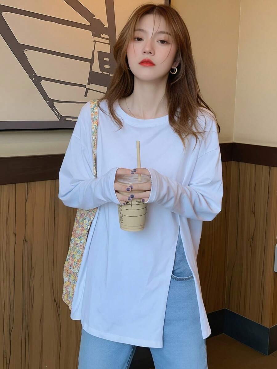 Women's White All-Match Round Neck Solid Color Loose Drop Shoulder Long Sleeve T-Shirt, Mid-Length Flattering Lazy Top, Minimalist Casual Versatile Split Hem Undershirt, Spring/Autumn - White - View 1