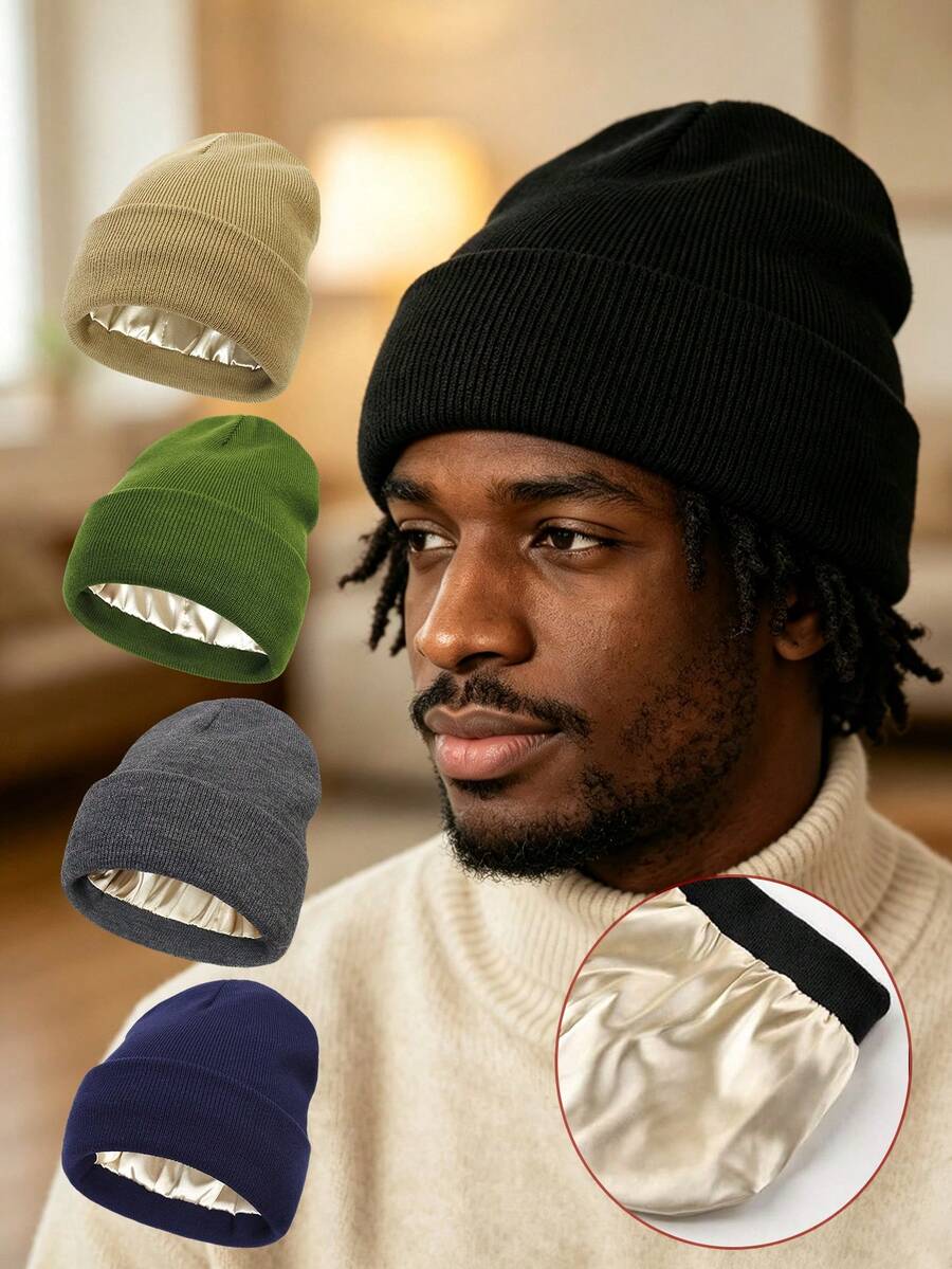 1 st herr-stickad mössa med satinfoder, varm vintermössa i ull för hårsydd, anti-frizz, pullover-mössa för kallt väder, flerfärgad - Satinfoder - Visa 1