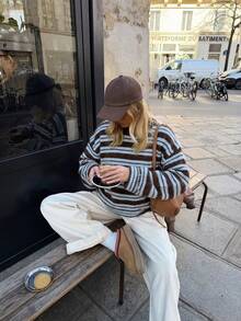 HoloChill Women's Young Influencer Casual Style Vintage Coffee Blue Striped Knit Pullover Sweater, Long Sleeve Ribbed Knit, Suitable For Daily Wear Pullover Fall Casual 2026 New Arrival Fall Sweater, Women's Elegant Outing Outfit Back To School Homecoming Fall/Winter French - Blue - View 5