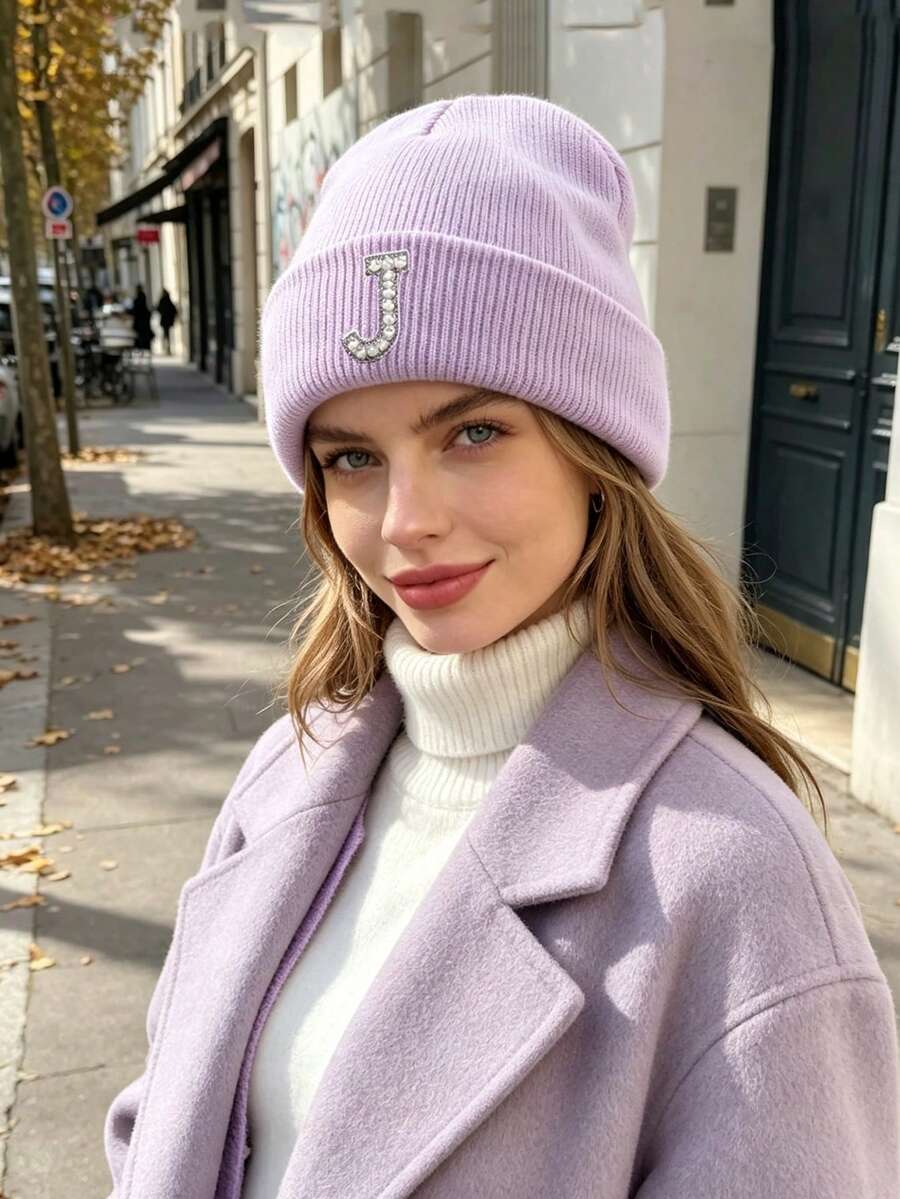 1pc Unisex Outdoor Warm Solid Color Ribbed Knit Beanie With A-Z Letter, Elastic Comfortable Versatile Autumn/Winter Headwear, Suitable For Casual City Outings - Purple - View 1