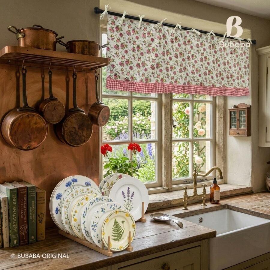 1pc Floral Bow Window Valance, Red Plaid Ruffle Edge Coffee Short Curtain, American Country Kitchen Window Curtain (150*60cm) - Multicolor - View 1
