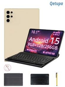 Qetupa 10.1-Inch Android 15 Tablet With Case, Keyboard, And Mouse, 8GB RAM + 128/256GB Storage (Expandable To 1TB), HD (1280x800) IPS Touchscreen, 5MP Front Camera And 13MP Rear Camera, 6000mAh Battery (Charging Adapter Not Included) - Gold - View 1