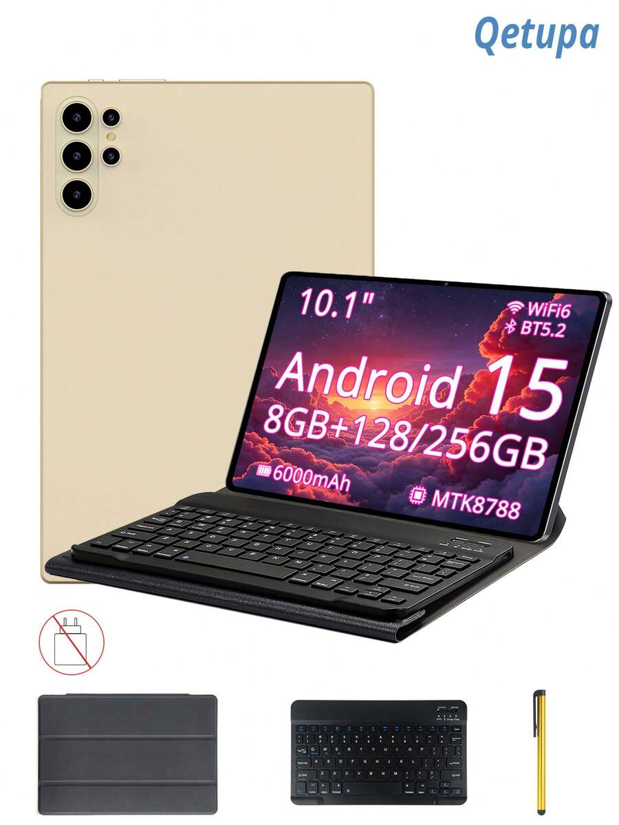 Qetupa 10.1-Inch Android 15 Tablet With Case, Keyboard, And Mouse, 8GB RAM + 128/256GB Storage (Expandable To 1TB), HD (1280x800) IPS Touchscreen, 5MP Front Camera And 13MP Rear Camera, 6000mAh Battery (Charging Adapter Not Included) - Gold - View 1