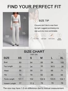 Setelan Olahraga Kasual Wanita 2 Potong, Atasan Lengan Panjang Model V Neck dengan Bantalan yang Dapat Dilepas, Model Wrap dengan Detail Kerut di Bagian Dada dan Simpul di Belakang, Celana Panjang Model Flare Skinny untuk Aktivitas Olahraga, Pakaian Olahraga Gym - Grey - View 10