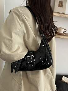 New Vintage Fashion Faux PU Leather Crescent Bag, Metal Belt Buckle, Y2K Style Rivet Decor, Zipper Closure, Lightweight Minimalist, Small Capacity Soft Texture Shoulder Underarm Bag, Suitable For Women's Daily Life, Casual, Commute, Work, Vacation And Student Use - Black - View 3