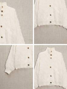 Korean Style Plush Knit Cardigan - Soft Faux Fur Sweater For Autumn/Winter, Decorated With Fan-Shaped Lace And Pearl Buttons, Comfortable High Neck Outerwear, Versatile For Daily Wear - White - View 10