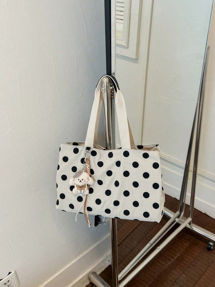 Fashion Polka Dot Tote Bag With Cute Charm, Multi-Compartment Storage, Casual Women's Daily Shoulder Handbag