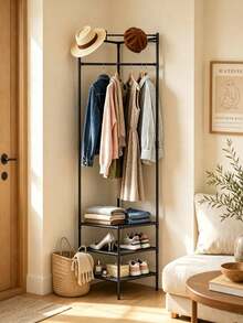 Durable 3-Tier Metal Corner Garment Rack With Hanging Rails, Top Hooks, And A Bottom Shelf; Easy To Assemble; Ideal For Coats, Hats, Bags, And Shoes. - Multicolor - View 7