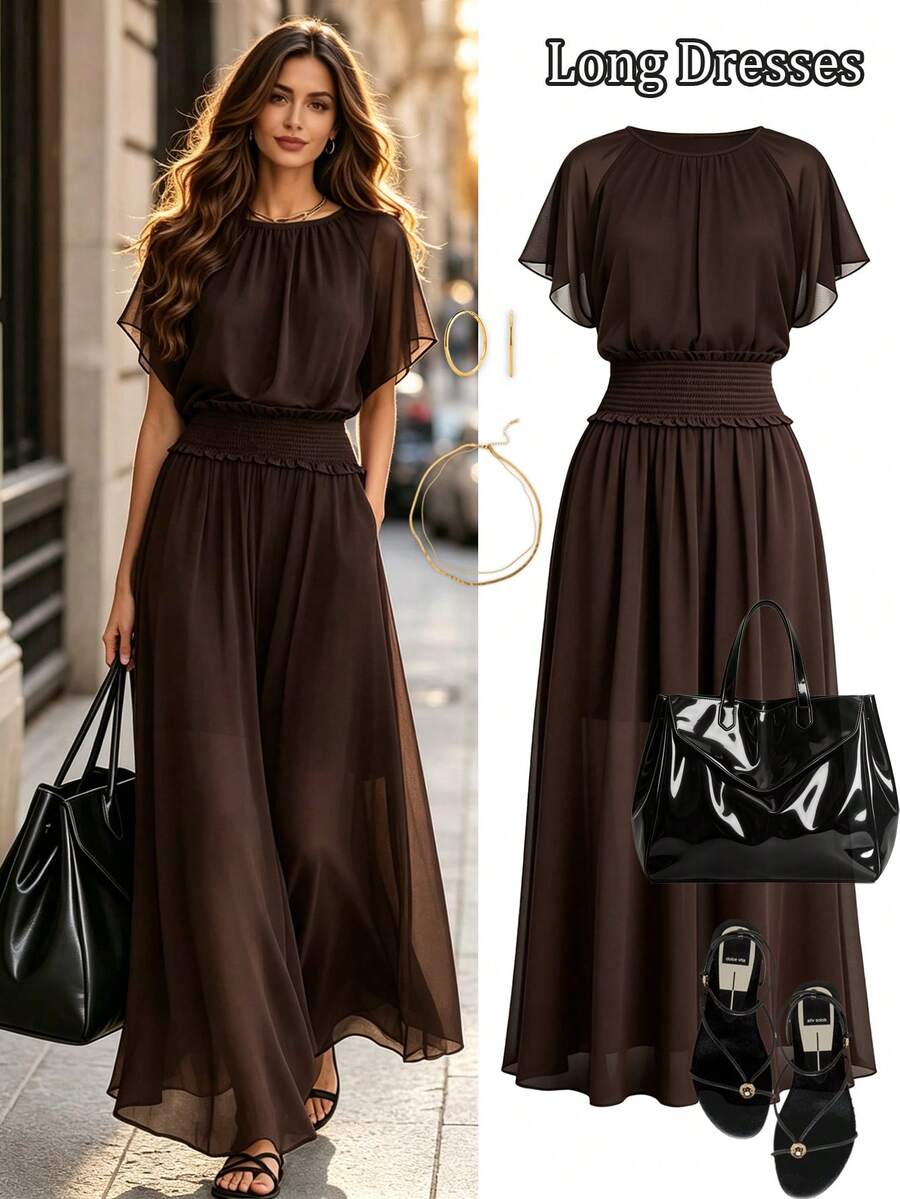 Elegant Solid Coffee Chiffon Long Dress, Round Neck, Flutter Short Sleeves, Elastic Ruffle Waist, Flowy Women's Dress - Brown - View 1