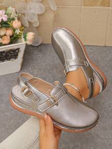 Women's Buckle Wedge Platform Sandals, Comfortable Lightweight Silver Gray Summer Sandals, Vacation Style, Daily Wear, Beach, Outdoor Activities - Silver Gray - View 2