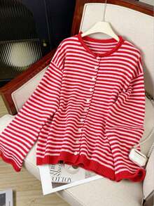 Plus Size Striped Knit Cardigan Women Round Neck Button Front Long Sleeve Plus Size Sweater Top Casual Fall Winter Daily Street Outfit - Rose Red - View 3