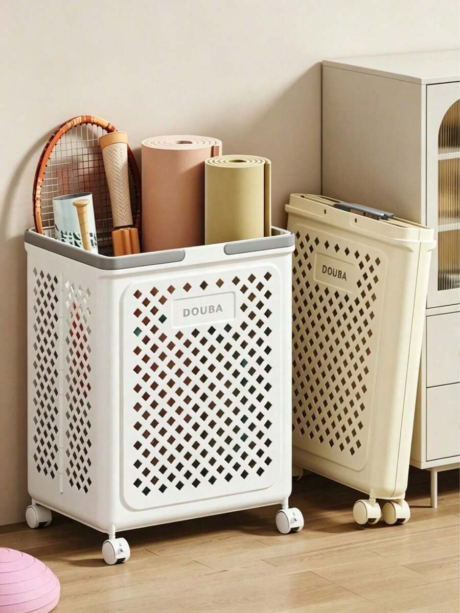 Mobile Hollow‑Out Storage Basket With Wheels, Ventilated, Large Capacity, Foldable Design, Reinforced Corners, For Storing Dirty Clothes And Sundries, Effortless To Push And Pull - Random Color - View 1