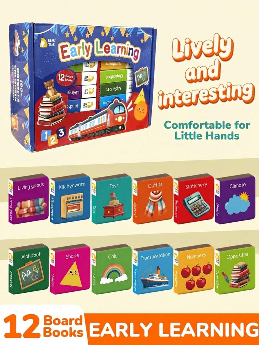 beartale 12 Pcs Early Learning Toddler Board Books Set, First Words Preschool Educational Reading Toy Books Box For Baby Boys Girls, Montessori Toy, Alphabet Numbers Colors Shapes Animals Cognition Board Books Set, Birthday Gift,Early Learning Toys, Christmas