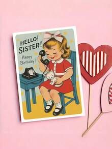 OBOVAY 1 tấm thiệp sinh nhật phong cách retro "Hello! Sister! Happy Birthday!" kèm phong bì, thiết kế cô gái và mèo vintage, lời chúc ngọt ngào hoài niệm dành cho chị em gái, phù hợp cho sinh nhật và các dịp kỷ niệm, bên trong để trống - Mẫu mới - Xem 2