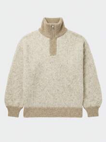 Plus Size Half Zip Collar Fluffy Knit Sweater, Long Sleeve Loose Slim‑Look Pullover Fall Winter Commute Casual Top - Camel - View 6