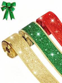 Classic Christmas Glitter Metallic Ribbon, 1.5 Inch Wide Durable Multi-Purpose Holiday Craft Ribbon, Suitable For Christmas Decoration, Christmas Gift Wrapping And Christmas Bow Wreath Making, Handmade DIY Sewing Supplies - Multicolor - View 3