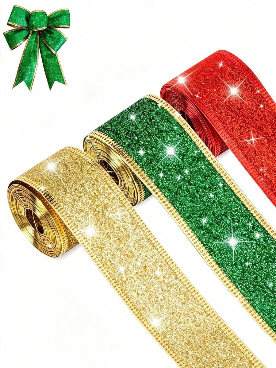 Classic Christmas Glitter Metallic Ribbon, 1.5 Inch Wide Durable Multi-Purpose Holiday Craft Ribbon, Suitable For Christmas Decoration, Christmas Gift Wrapping And Christmas Bow Wreath Making, Handmade DIY Sewing Supplies - Multicolor - View 1