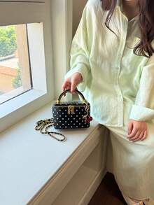 Handbag With All-Over Polka Dot Print, Small Square Box Shape, Detachable Long Chain Strap For Crossbody Wear, Smooth Zipper Closure For Easy Access, Comes With Cherry Charm, Suitable For Shopping, Dating, Commuting And Travel - Black - View 4