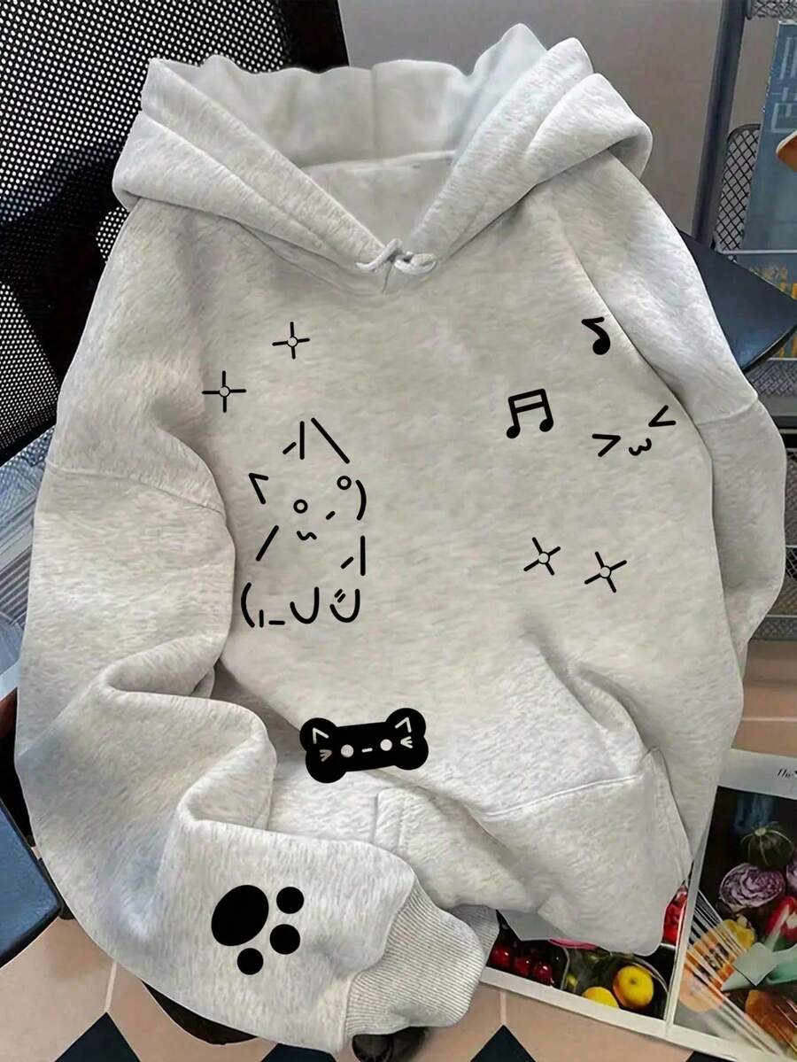 Cute Cat Expression Pattern Y2K Hoodie, Fall Clothes For Women, Back To School, Thermal Lined Warm - Light Grey - View 1