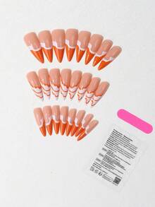 24pcs Y2K Style French Full Set Fake Nails, Orange & White Wavy Pattern Nude Base, Hand-Painted Gold Lines, Artistic Glossy Fashionable Charm Nails, Suitable For Women's Birthday Party Photo Wear - Orange - View 3