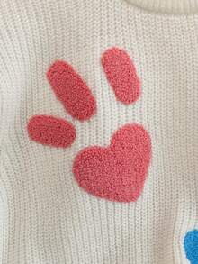 Girls' Sweet Heart & Smiling Face Plush Applique Embroidered Crew Neck Long Sleeve Knit Sweater, Chunky Texture, Cute Casual Versatile Pullover, Short Length, Suitable For Daily Wear, School, Spring, Autumn, Winter - Apricot - View 4