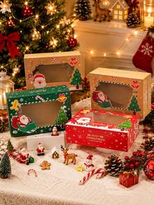 4pcs/12pcs/24pcs Christmas Window Gift Box Set, Xmas Santa Tree Kraft Treat Box With Transparent Window, Holiday Square Present Box,4 Designs Party Favor - View 5