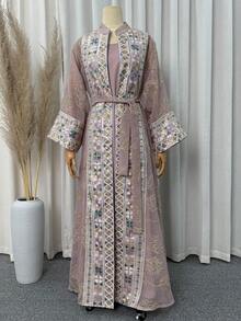 2件組 Abaya 套裝，中式立領亮片幾何刺繡開襟外套 + 內搭洋裝，杜拜摩洛哥卡夫坦風，開齋節派對穆斯林女性優雅套裝 - 粉色 - 查看 6