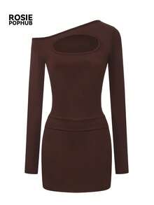 ROSIE POPHUB Women Coffee Cutout Asymmetrical Cold Shoulder Long Sleeve Slim Bodycon Mini Dress Elegant Christmas Party Daily Dress For Fall & Winter - Coffee - View 6