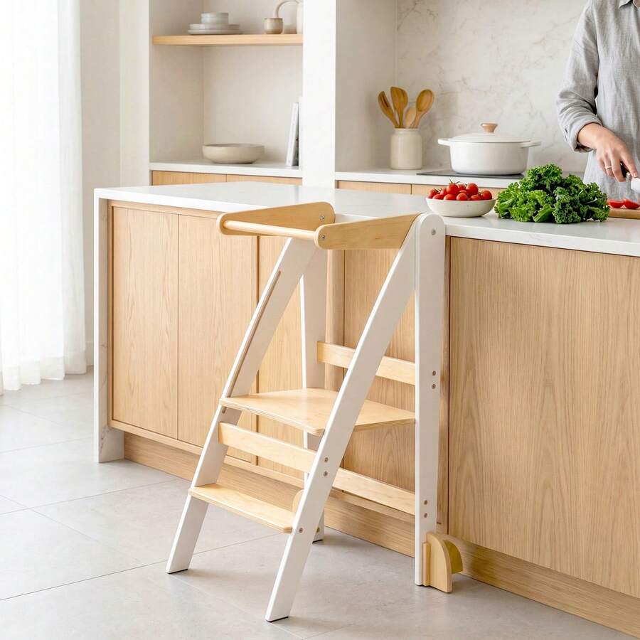Foldable Wooden Learning Tower – Step Stool, Space-Saving Kitchen Helper For Learning Activities & Bathroom - White - View 1
