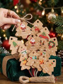 98pcs Vintage Christmas Tree Shaped Slogan Pattern Gift Tags With Rope, Santa Claus And Snowman Pattern Paper Gift Decoration Labels, Suitable For Christmas Party Gifts, Christmas - Multicolor - View 3