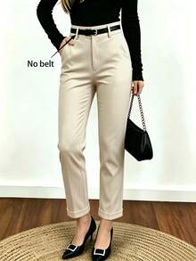 Women's Commuter Solid Color Casual High Waist Ankle Tapered Pants [No Belt] - Apricot - View 3